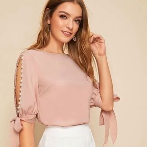 Faux Pearl Self-Tie Split Sleeve Top